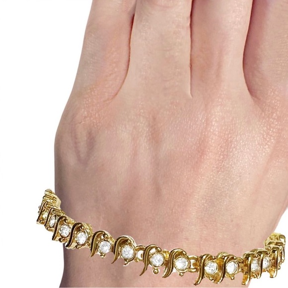 FANCY White Zirconias Stones On 10K Yellow Gold Plated Tennis Bracelet - Picture 9 of 10